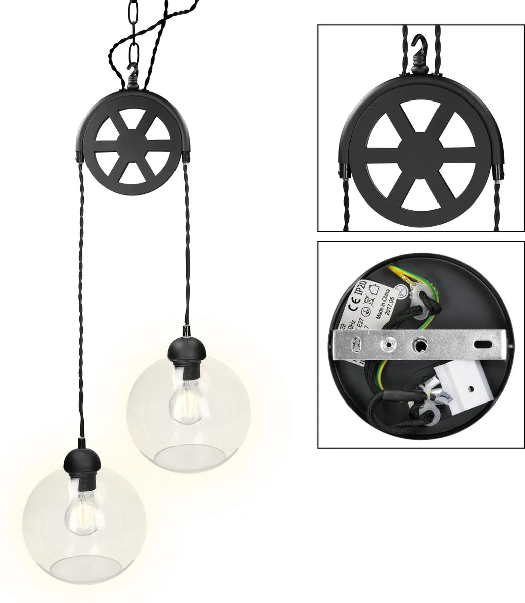 Lumineo Hanglamp met katrol 77,5cm - 2 Lichtpunten - Zwart
