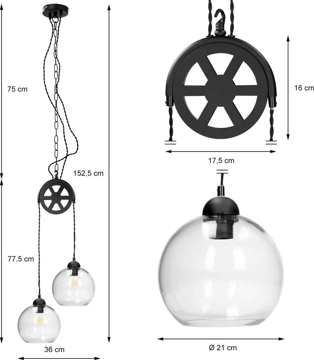 Lumineo Hanglamp met katrol 77,5cm - 2 Lichtpunten - Zwart - afbeelding 6 van 6
