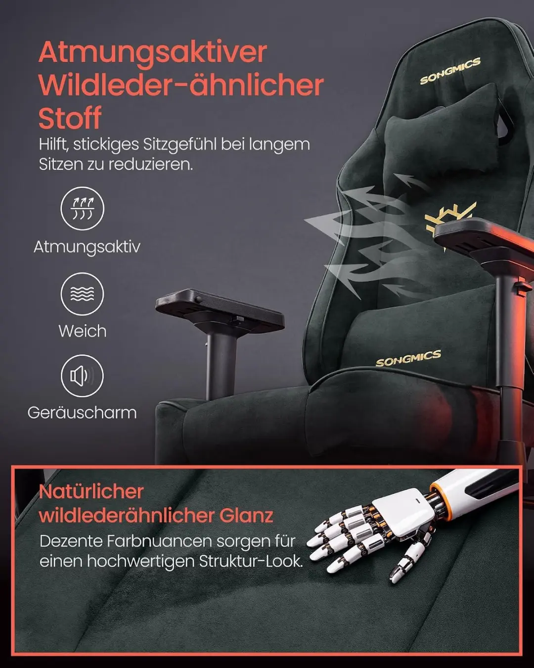 Songmics CATHY OBG095GD01 Gamingstoel - Antraciet - afbeelding 3 van 6
