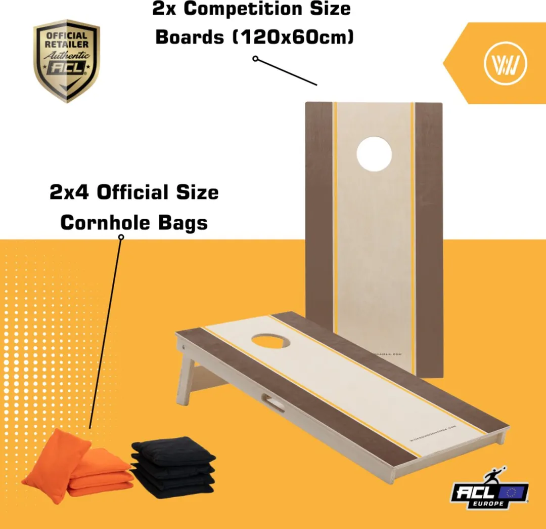 Wicked Wood Games Cornhole Set Rails Design 120x60cm - 2 Bordjes + 8 Zakjes - Bruin/Oranje/Zwart