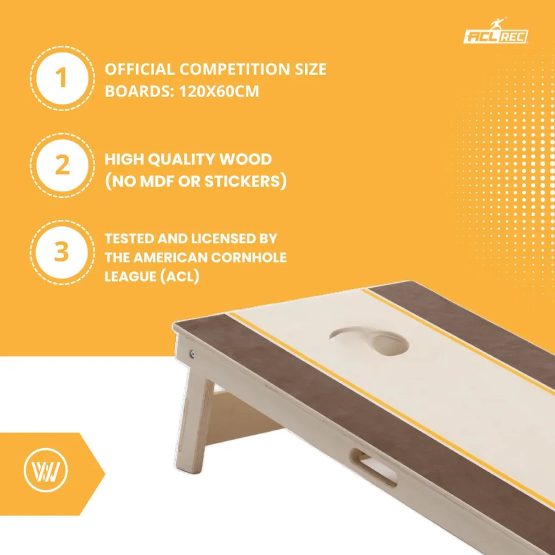 Wicked Wood Games Cornhole Set Rails Design 120x60cm - 2 Bordjes + 8 Zakjes - Bruin/Oranje/Zwart