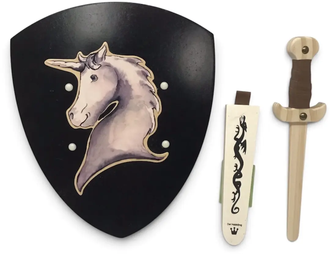 houten dolk met schede en schild zwart met Eenhoorn Unicorn