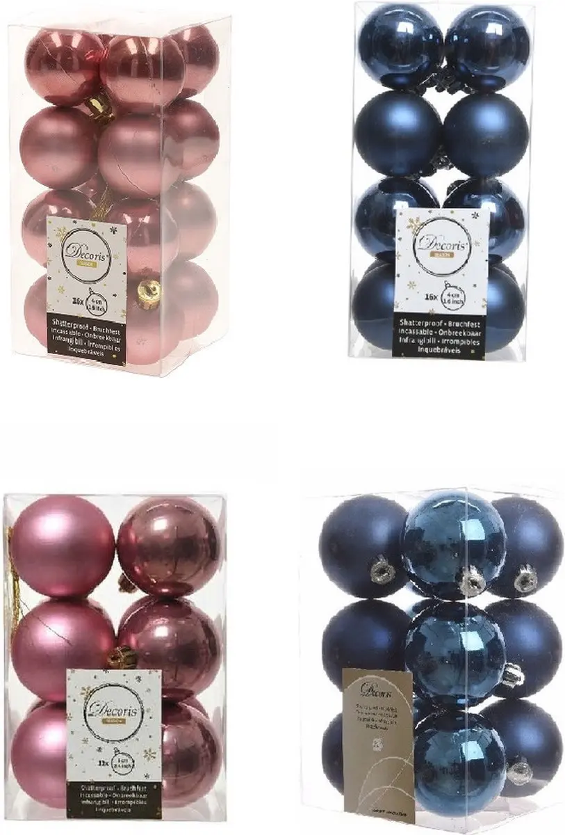 Kerstversiering kunststof kerstballen kleuren mix donkerblauw/oud roze 4 en 6 cm