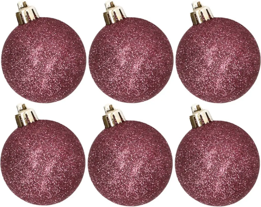 6x stuks kunststof glitter kerstballen aubergine roze 8 cm