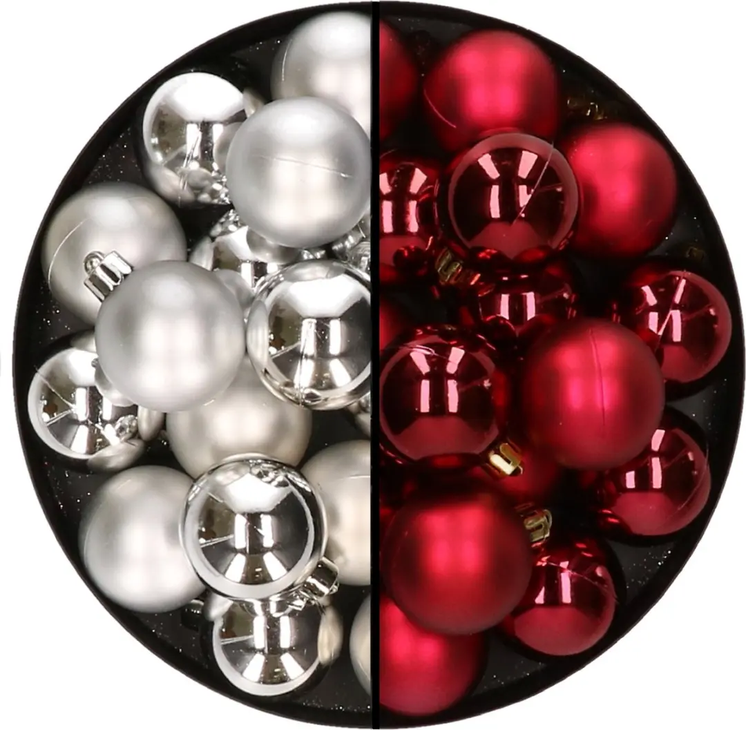32x stuks kunststof kerstballen mix van zilver en donkerrood 4 cm