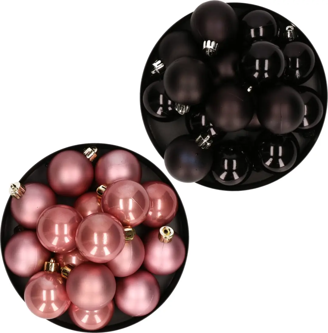Kerstversiering kunststof kerstballen kleuren mix zwart/ oud roze 4 en 6 cm pakk