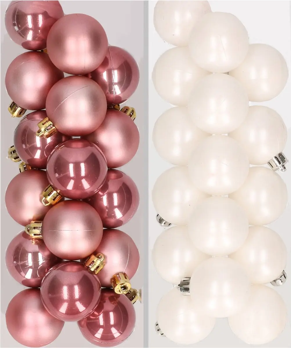 32x stuks kunststof kerstballen mix van oudroze en wit 4 cm