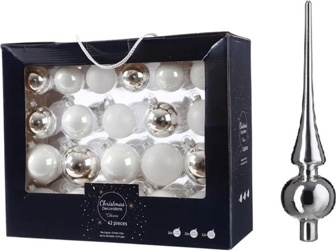 Decoris glazen kerstballen set 42x wit zilver