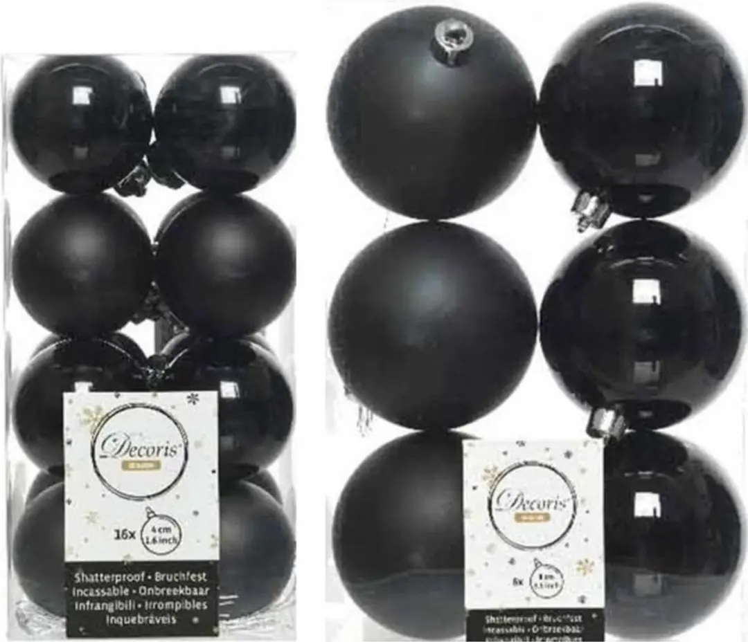 Set van 16x zwarte kerstballen 4 cm / 6x kerstballen 8 cm kunststof mat/gkunstst