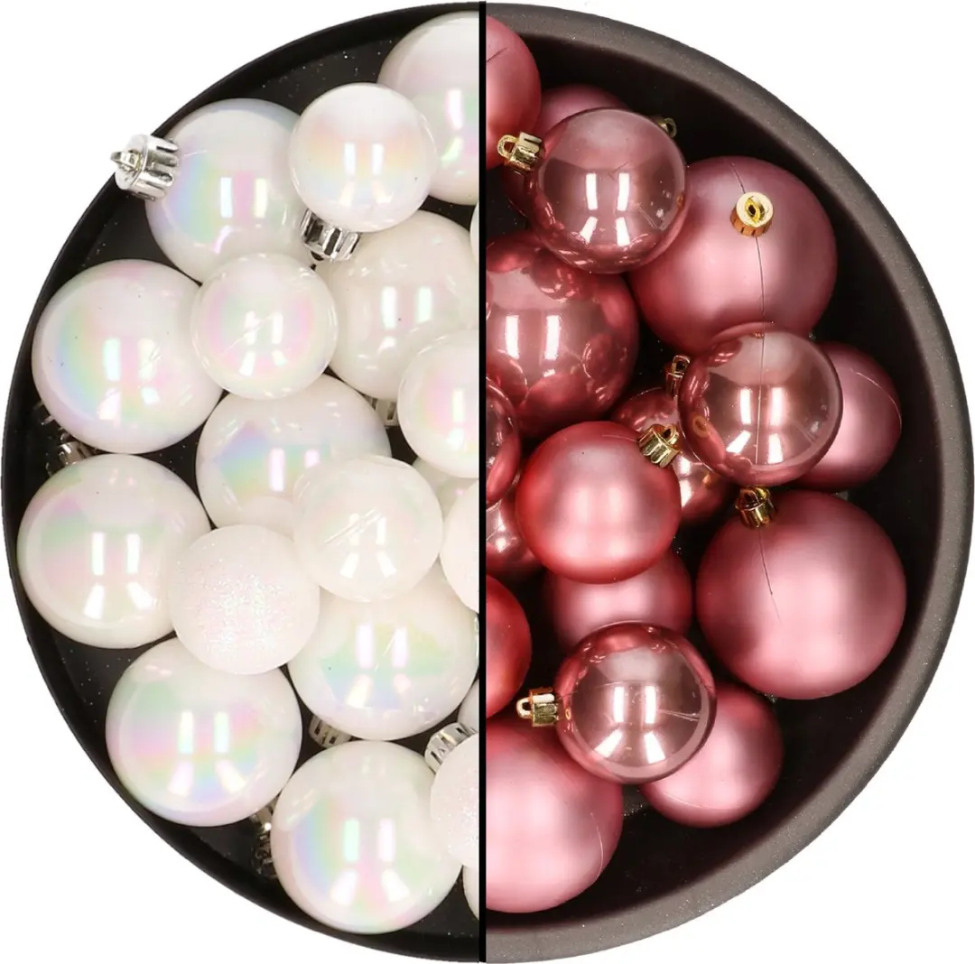 Decoris Kerstballen Mix kunststof oud roze parelmoer wit