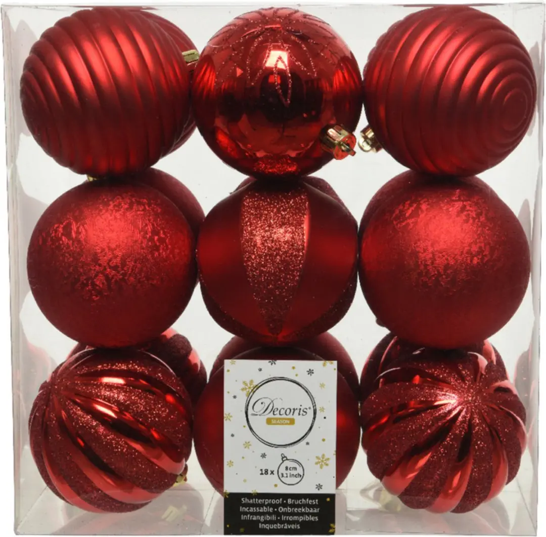18x stuks kunststof kerstballen rood 8 cm met luxe afwerking