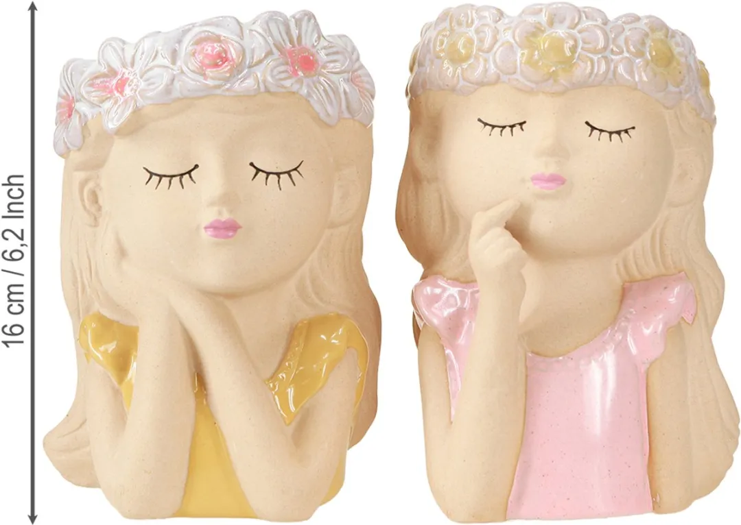 Kaemingk Keramieken Plantenbak Meisje - Ø7,5cm H16cm - 2 Stuks Roze