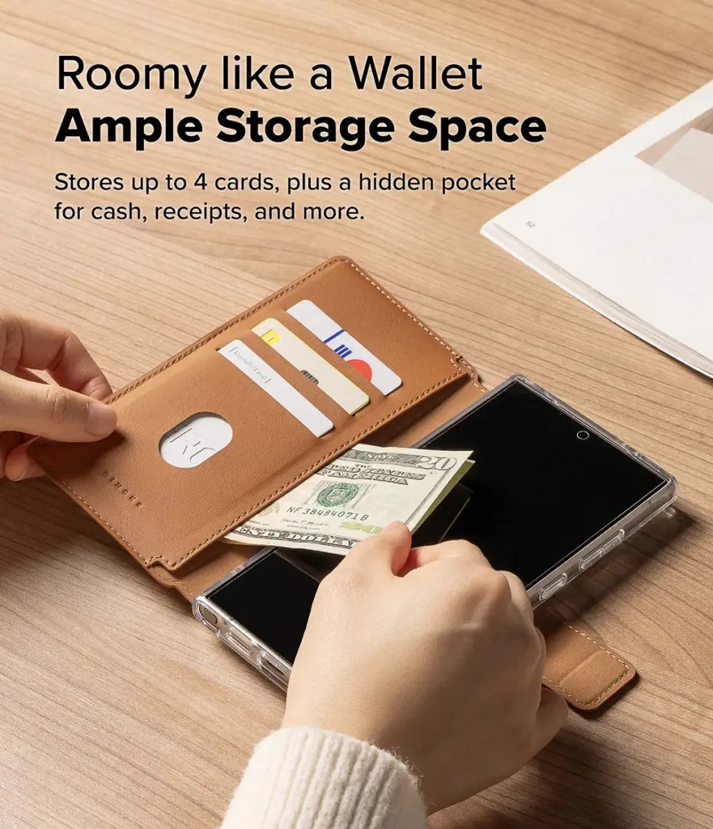 Ringke Folio Grip Wallet Magnetic - Hoesje Bruin - 3 Pasjes