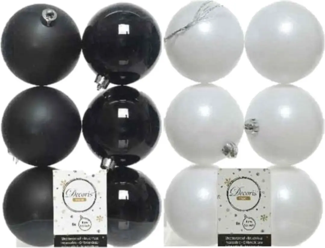 24x stuks kunststof kerstballen zwart en wit 8 cm