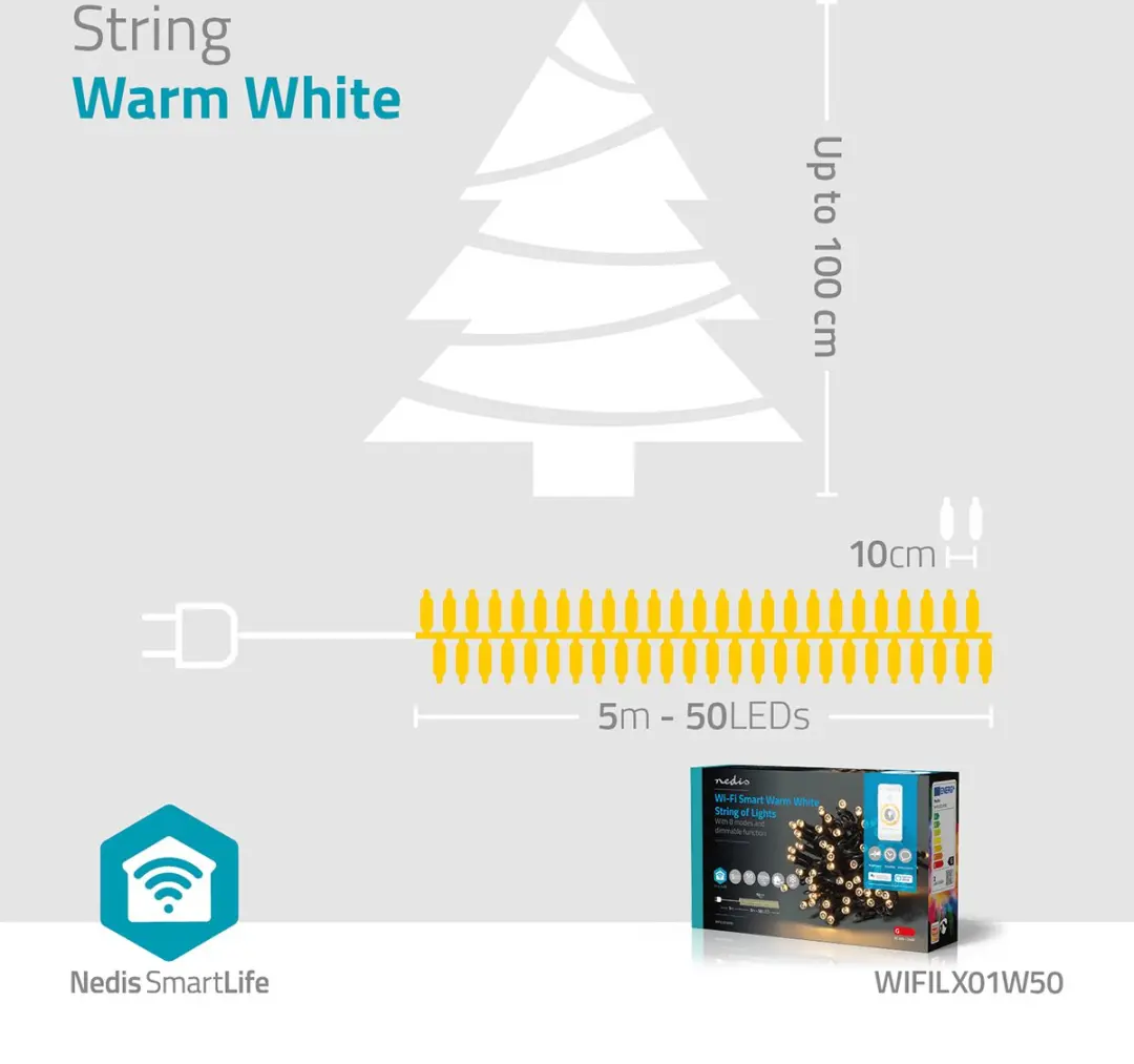 Nedis SmartLife Kerstverlichting Koord Wi-Fi - 50 LED's - 5m - Warm Wit - afbeelding 5 van 6