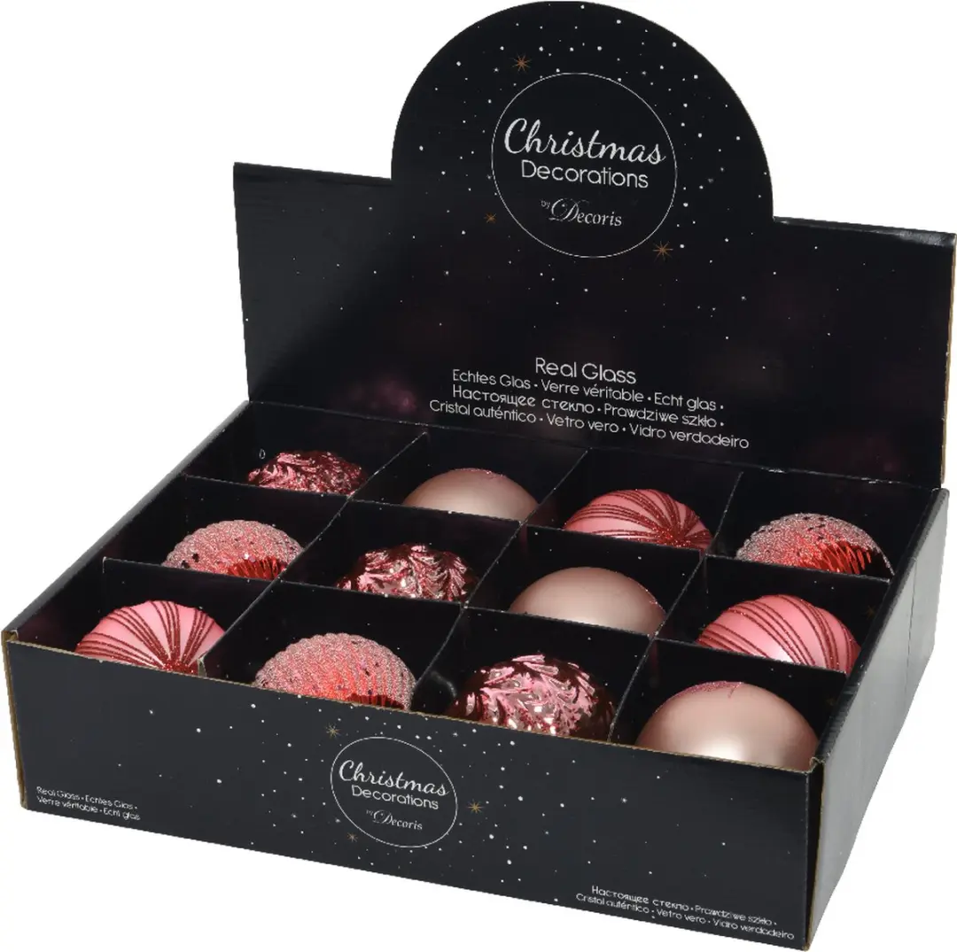 Decoris kerstballen glas roze luxe set 12 stuks kerstversiering.