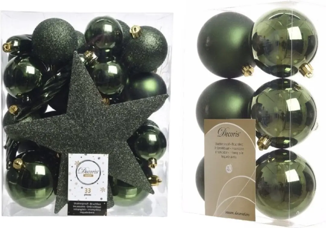 39x stuks kunststof kerstballen met ster piek donkergroen mix