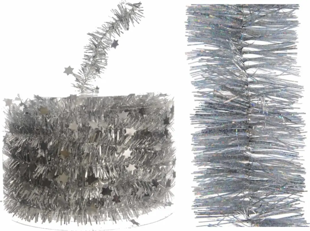 Set van zilveren glitter kerstslinger 270 cm en kerstboom sterren folieslinger 7