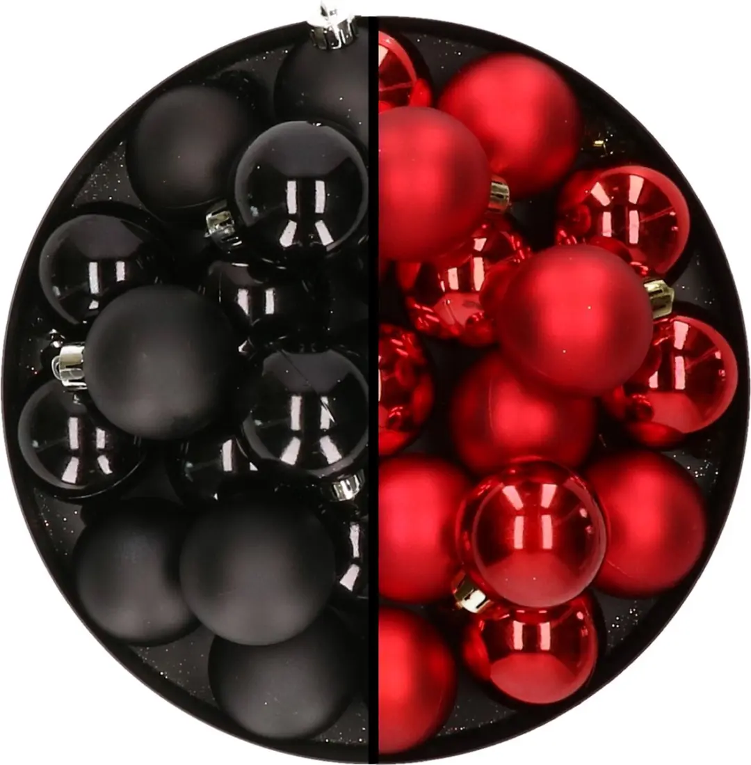 32x stuks kunststof kerstballen mix van zwart en rood 4 cm