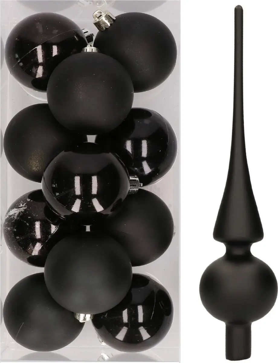 12x Zwarte kunststof kerstballen met glazen piek mat