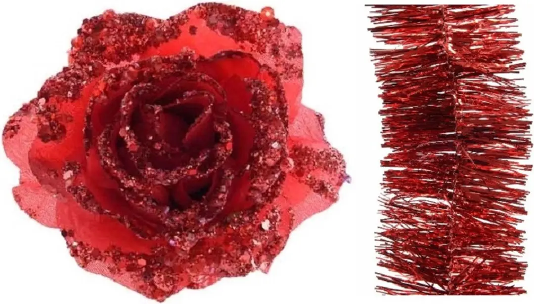 Kerstversiering kunststof glitter bloemen op clip 14 cm en folieslingers pakket