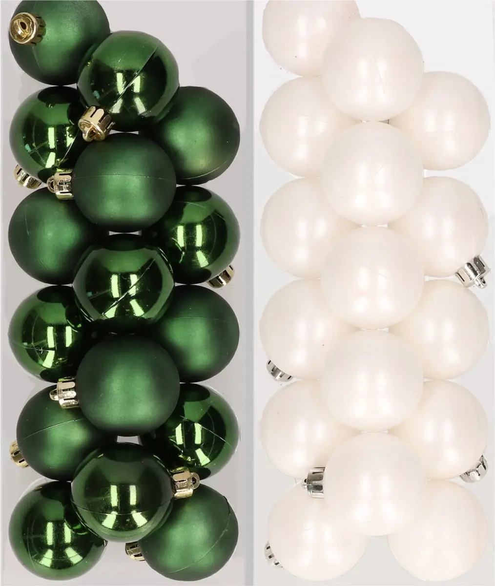 32x stuks kunststof kerstballen mix van donkergroen en wit 4 cm