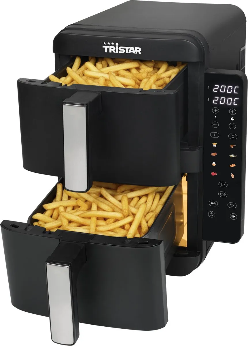 Tristar FR-9074 - Dubbele airfryer XXL - 9L - 2 onafhankelijke kookzones - Dubbele gestapelde lades - 8 kookprogramma's - 2400W vermogen - PFAS-vrij - Bespaart 45% Ruimte - Voor 6 personen