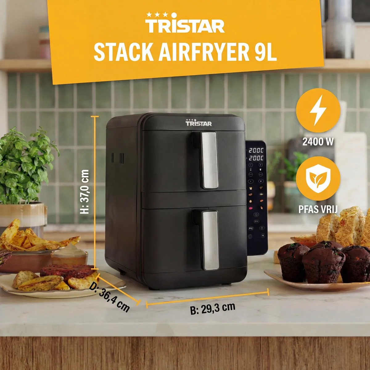 Tristar FR-9074 - Dubbele airfryer XXL - 9L - 2 onafhankelijke kookzones - Dubbele gestapelde lades - 8 kookprogramma's - 2400W vermogen - PFAS-vrij - Bespaart 45% Ruimte - Voor 6 personen