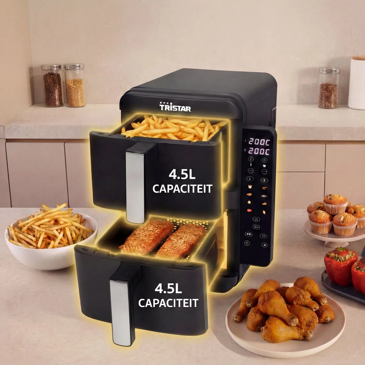 Tristar FR-9074 - Dubbele airfryer XXL - 9L - 2 onafhankelijke kookzones - Dubbele gestapelde lades - 8 kookprogramma's - 2400W vermogen - PFAS-vrij - Bespaart 45% Ruimte - Voor 6 personen