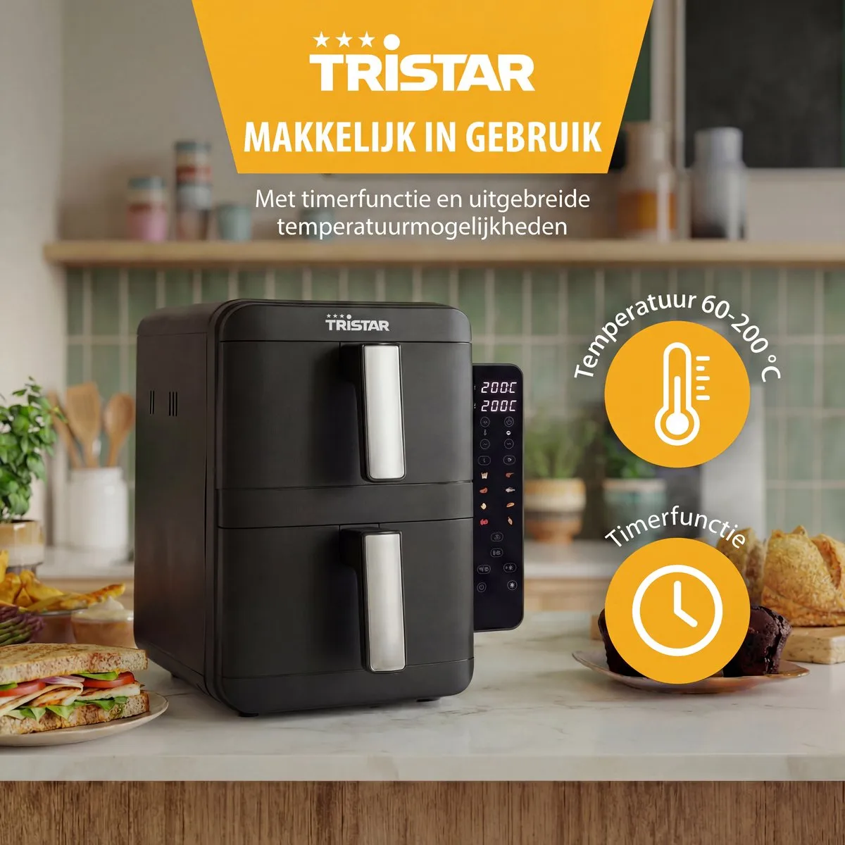Tristar FR-9074 - Dubbele airfryer XXL - 9L - 2 onafhankelijke kookzones - Dubbele gestapelde lades - 8 kookprogramma's - 2400W vermogen - PFAS-vrij - Bespaart 45% Ruimte - Voor 6 personen