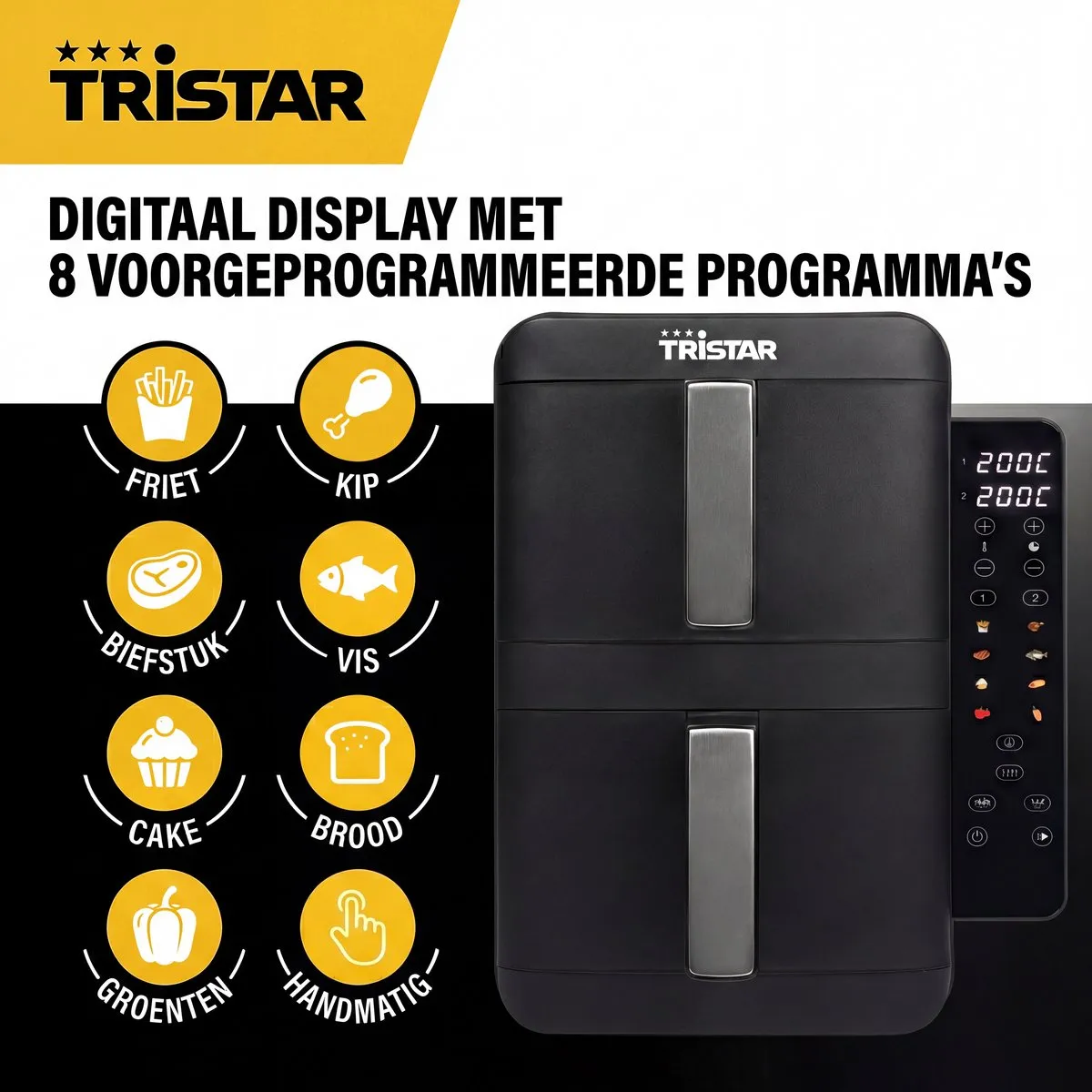 Tristar FR-9074 - Dubbele airfryer XXL - 9L - 2 onafhankelijke kookzones - Dubbele gestapelde lades - 8 kookprogramma's - 2400W vermogen - PFAS-vrij - Bespaart 45% Ruimte - Voor 6 personen