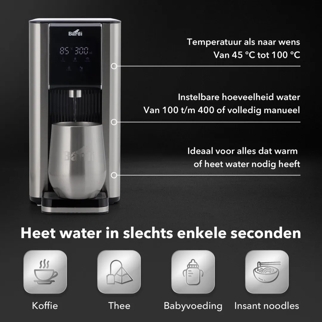 Bardi Heetwaterdispenser 2,6L - 6 Temperaturen - Touch Display - RVS Zwart