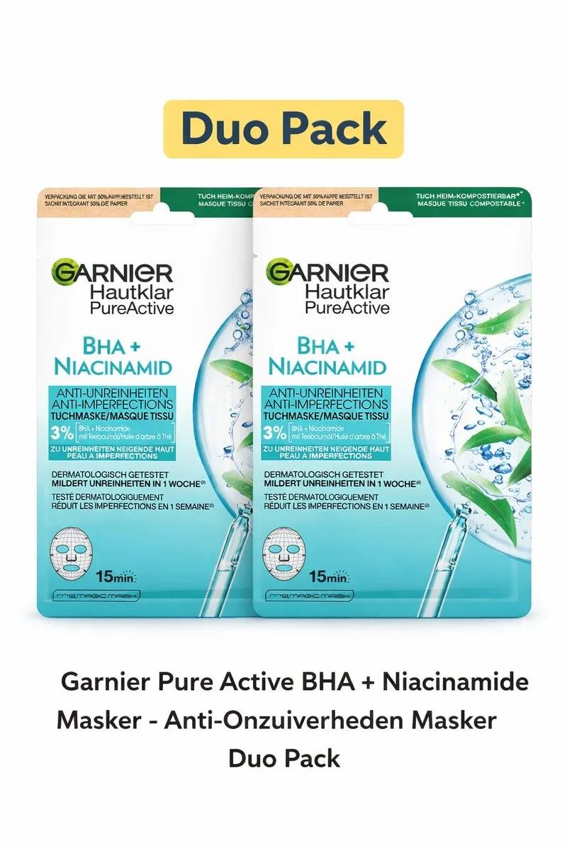 Garnier PureActive BHA + Niacinamide Sheet Masker 2 Stuks