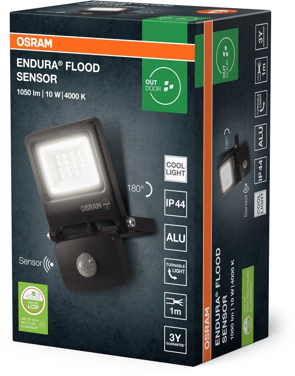 Osram Endura Flood Sensor 10W LED - 4000K 1000lm - Donkergrijs