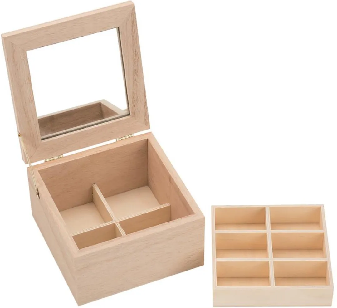 Glorex Hobby Houten Opbergkistje Lichtbruin - 13x13x7cm - Sieraden met Vakjes en Spiegel