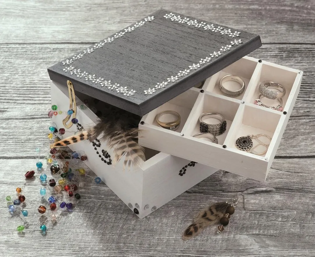 Glorex Hobby Houten Opbergkistje Lichtbruin - 13x13x7cm - Sieraden met Vakjes en Spiegel