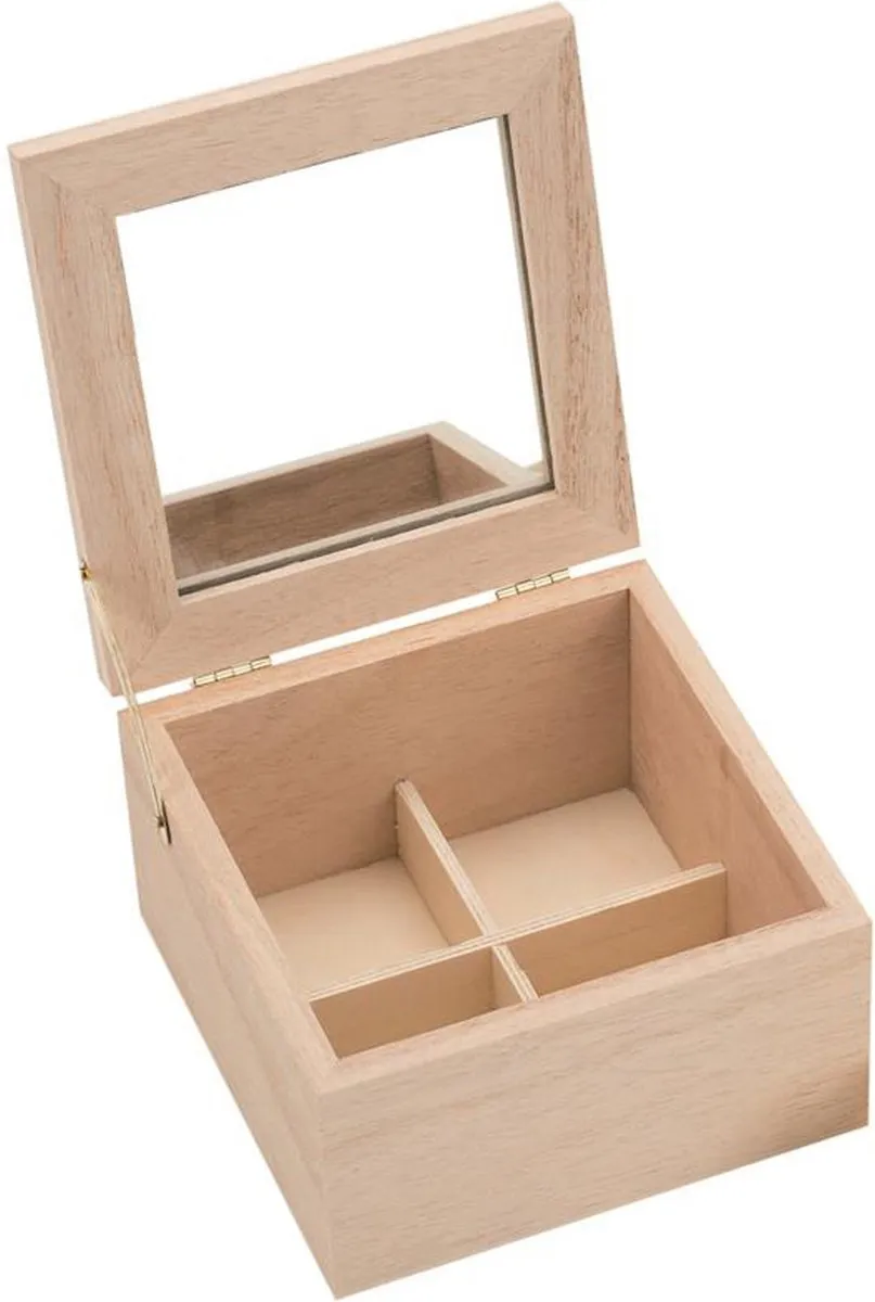Glorex Hobby Houten Opbergkistje Lichtbruin - 13x13x7cm - Sieraden met Vakjes en Spiegel