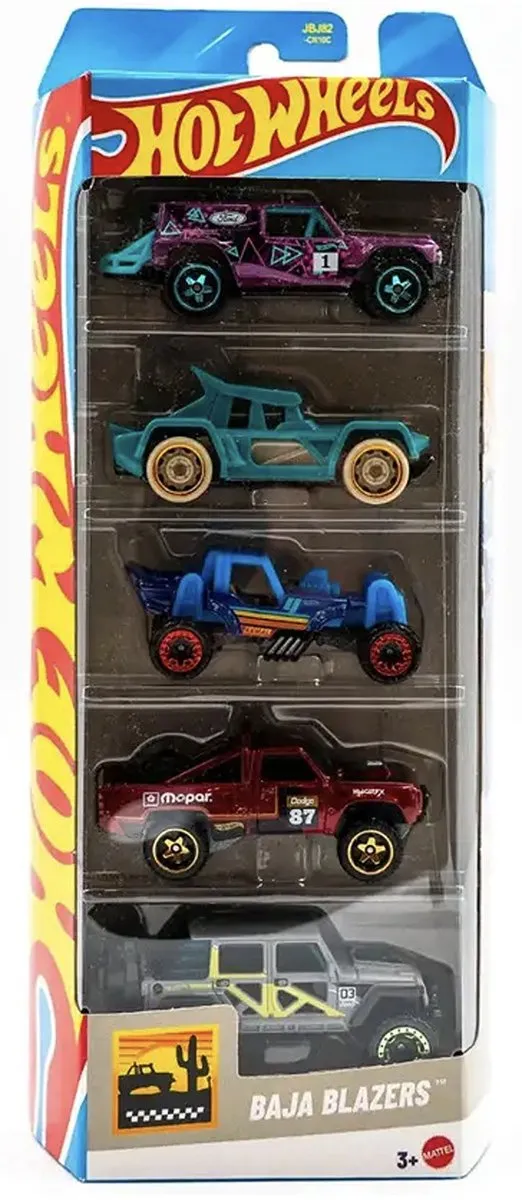 Hot Wheels 5-Pack - Bull Whip, '87 Dodge D100, Ford Bronco R, Mountain Mauler, '17 Jeep Wrangler