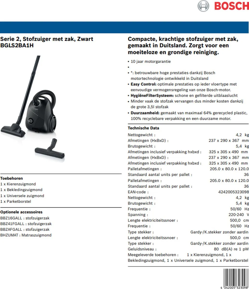 Bosch BGLS2BA1H Stofzuiger met zak - 600W - 3,5L - Zwart - afbeelding 6 van 6