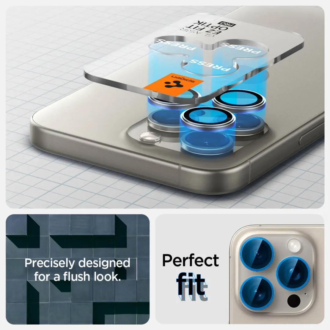 Spigen GlasTR EZ Fit Optik Pro Camera Lens Protector - iPhone 15 Pro Duo Pack - Titanium - afbeelding 6 van 6