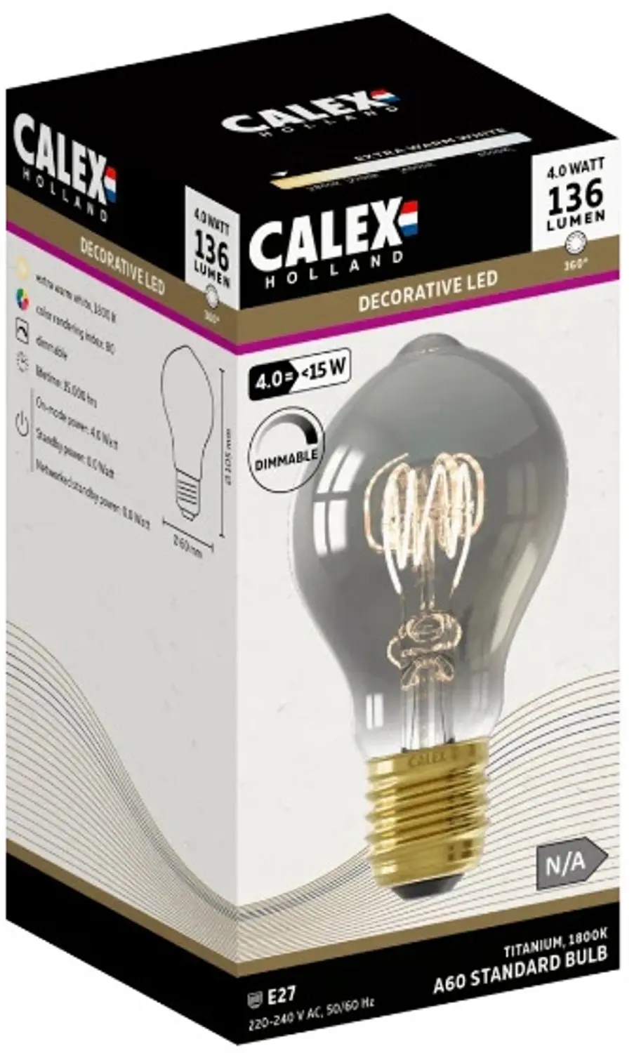 Calex E27 LED Lamp 818 A60DR - 4W 1800K - 5x - afbeelding 2 van 3