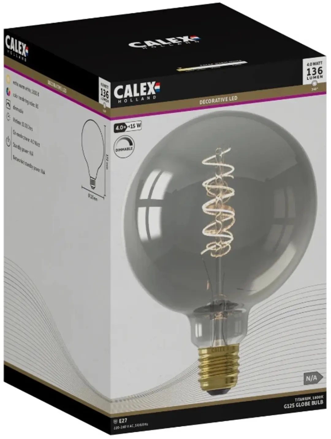 Calex E27 LED Globelamp G125 - 4W 1800K - Titanium - 3x - afbeelding 3 van 3