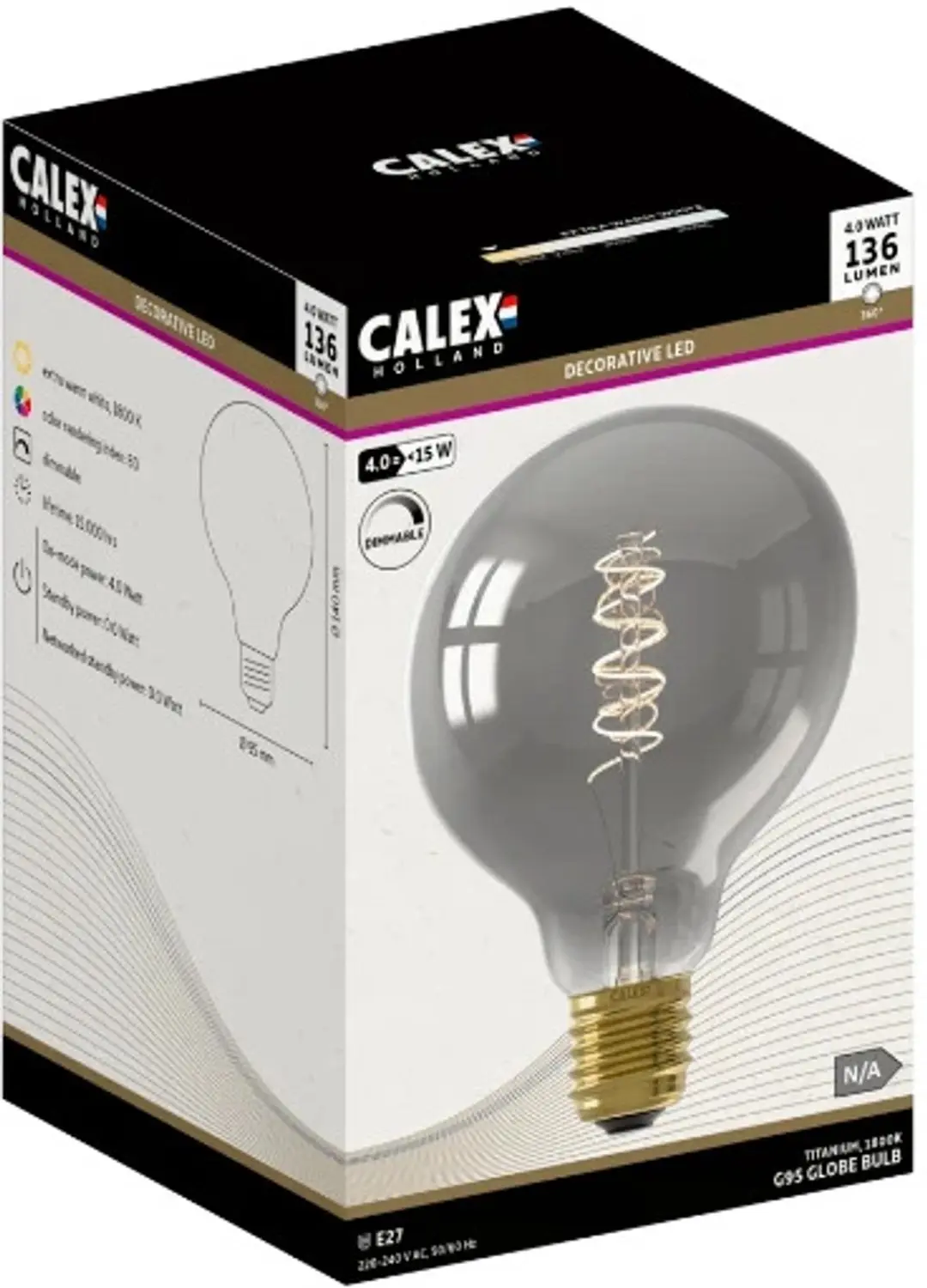 Calex E27 LED Globelamp Titanium 4W - 1800K - 3x - afbeelding 2 van 3