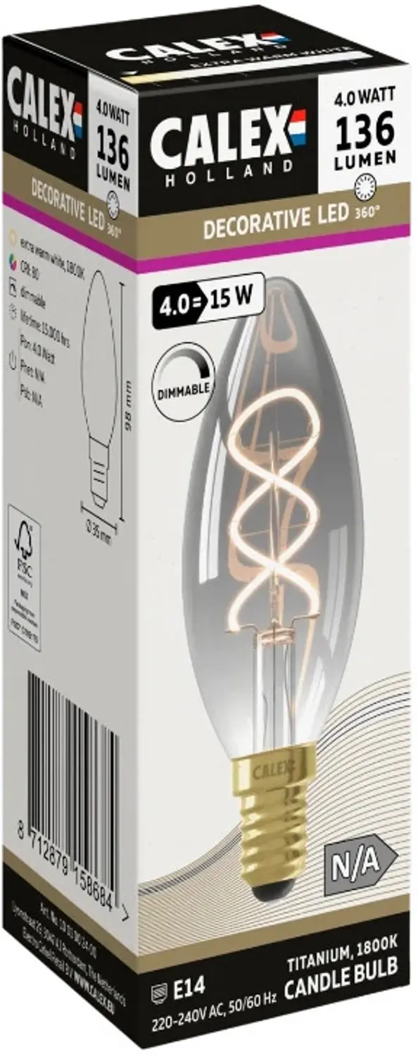 Calex E14 LED Kaarslamp Titanium 4W - 1800K - Dimbaar - 5x - afbeelding 2 van 3