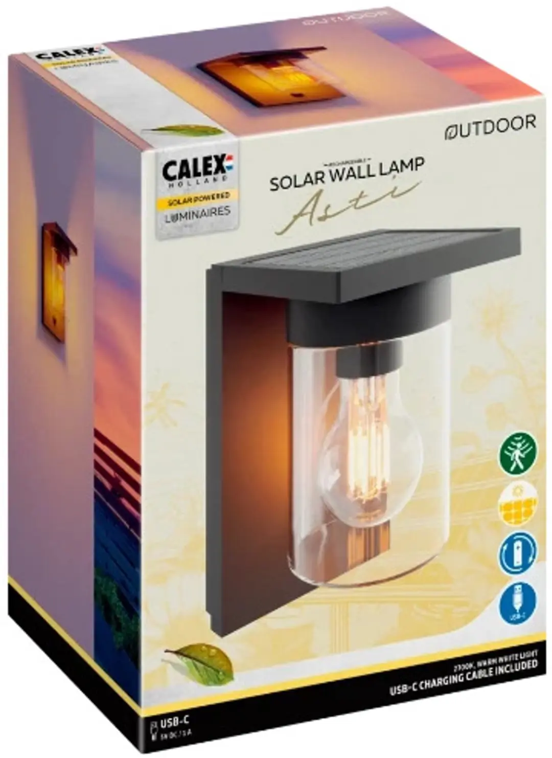 Calex Asti Buiten Wandlamp Solar - 1.6W - IP44 - 4x Zwart - afbeelding 2 van 2
