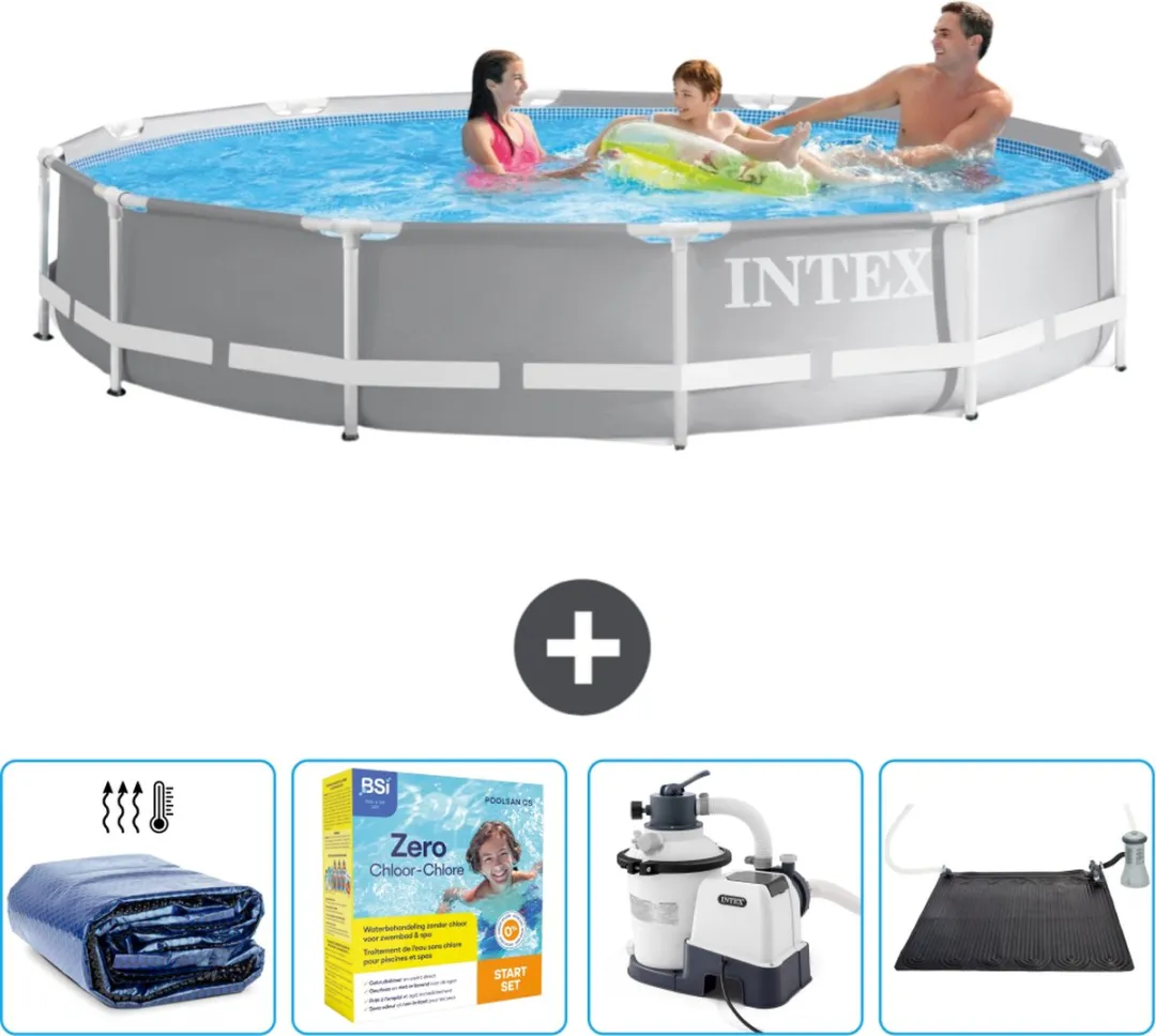 Intex Rond Prism Frame Zwembad - 366 x 76 cm - Grijs - Inclusief Solarzeil - Onderhoudspakket - Zwembadfilterpomp - Solar Mat