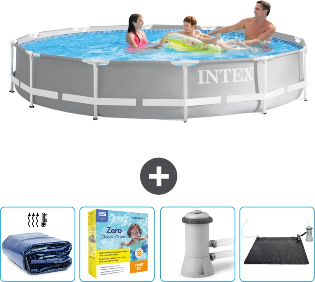Intex Rond Prism Frame Zwembad - 366 x 76 cm - Grijs - Inclusief Solarzeil - Onderhoudspakket - Zwembadfilterpomp - Solar Mat
