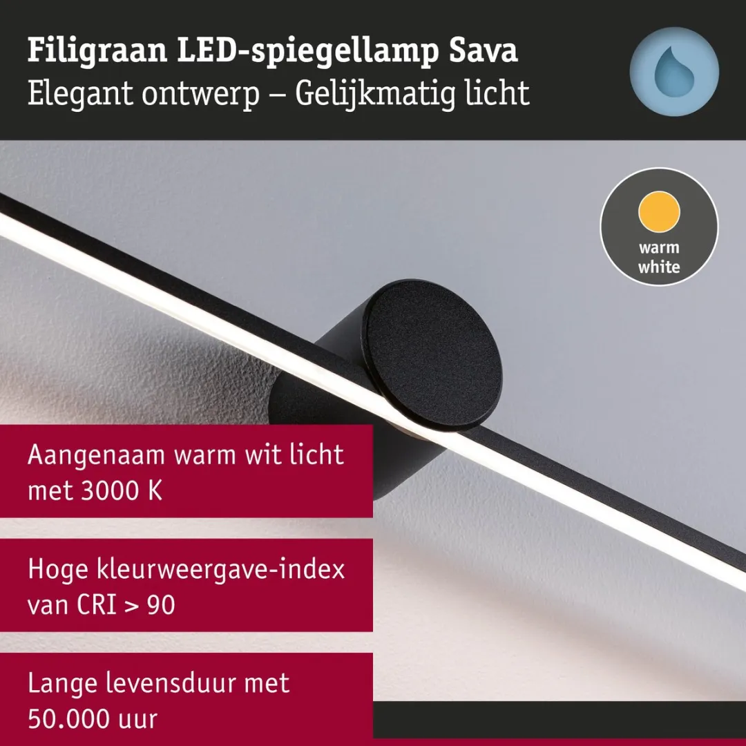 Paulmann LED Spiegellamp Sava IP44 850lm 13,5W - Zwart mat