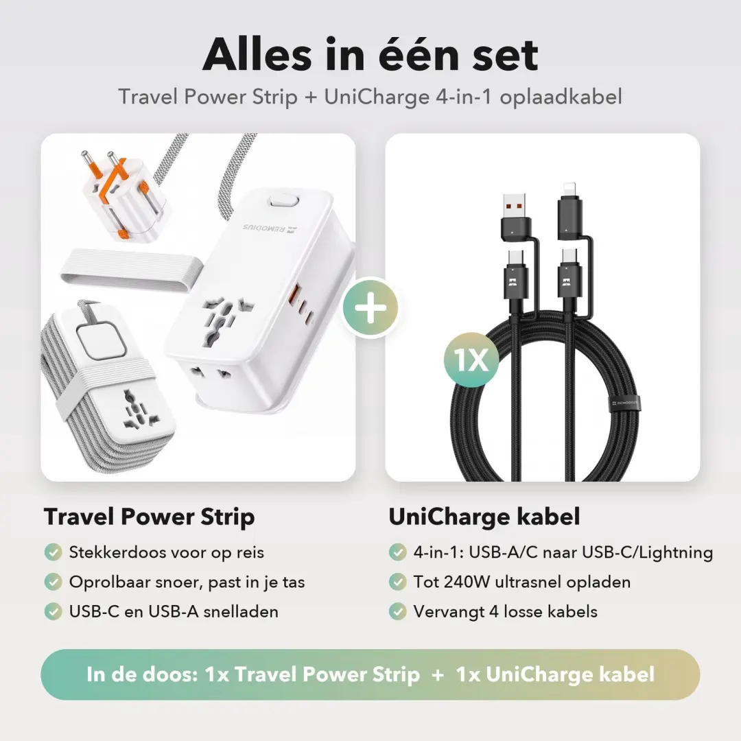 Remodius Reisstekkerdoos 3 USB - incl. UniCharge kabel - afbeelding 2 van 6