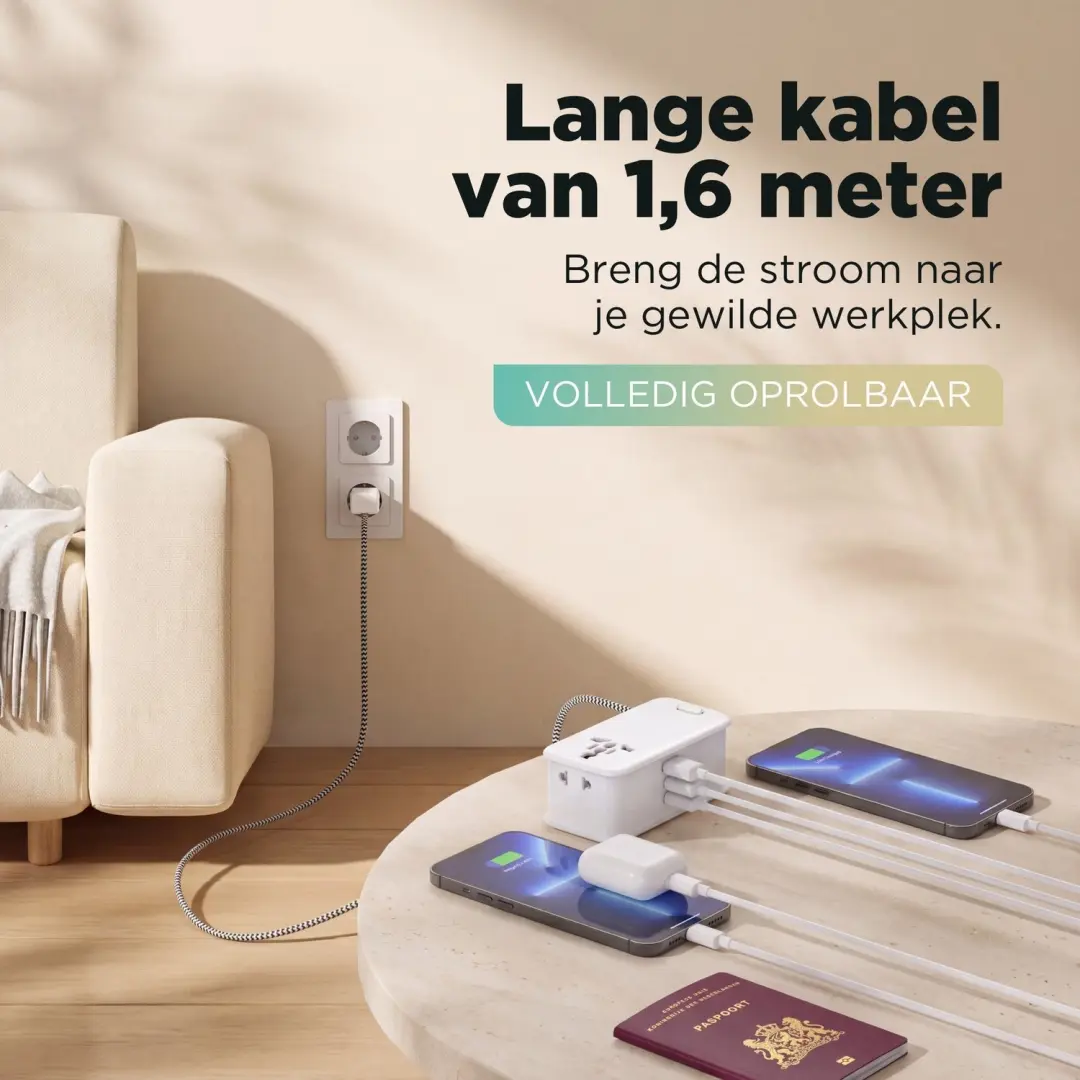 Remodius Reisstekkerdoos 3 USB - incl. UniCharge kabel - afbeelding 5 van 6